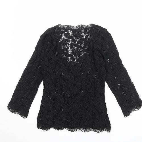Per Una Womens Black Floral Nylon Basic Blouse Size 12 V-Neck - Lace Overlay