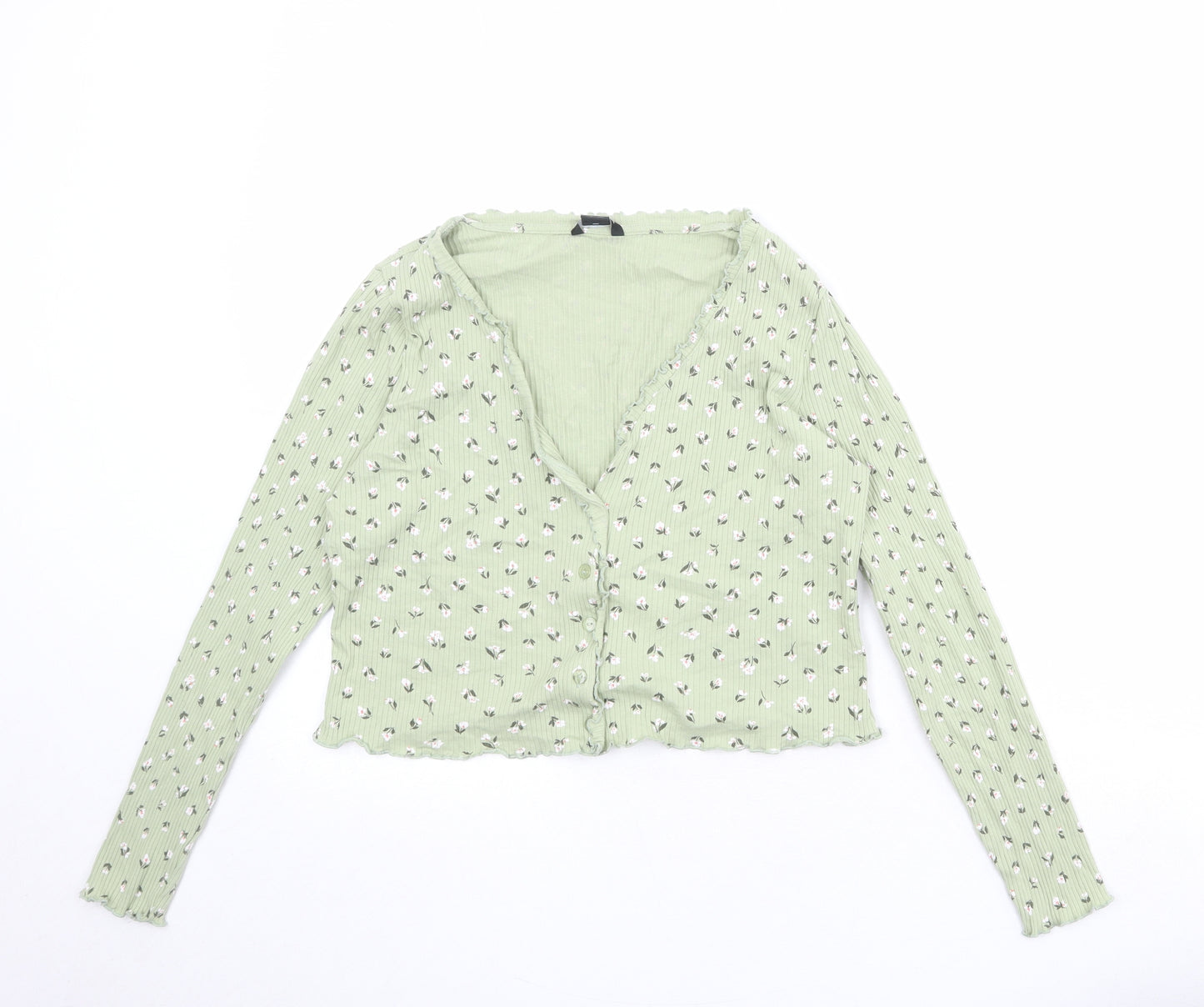 Monki Womens Green Floral Cotton Basic Button-Up Size L V-Neck - Lettuce Hem Trim