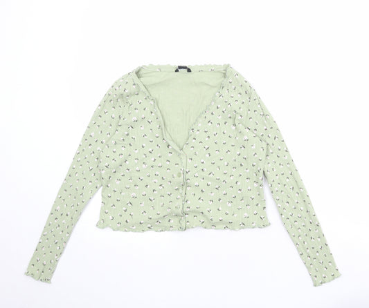 Monki Womens Green Floral Cotton Basic Button-Up Size L V-Neck - Lettuce Hem Trim