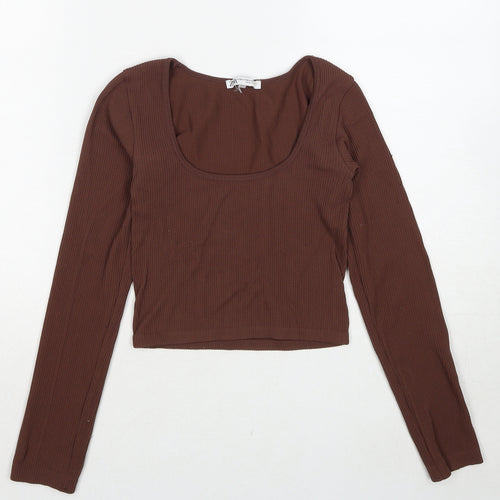 Zara Womens Brown Polyester Cropped T-Shirt Size XS Scoop Neck - Ribbed