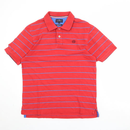 Blue Harbour Mens Red Striped 100% Cotton Polo Size M Collared Button