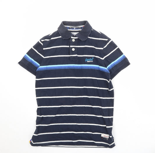 Superdry Mens Blue Striped 100% Cotton Polo Size M Collared Button