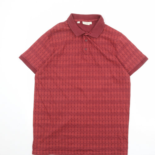 W&B Mens Red Geometric 100% Cotton Polo Size L Collared Button