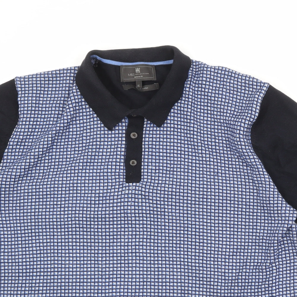 Marks and Spencer Mens Blue Geometric 100% Cotton Polo Size XL Collared Button