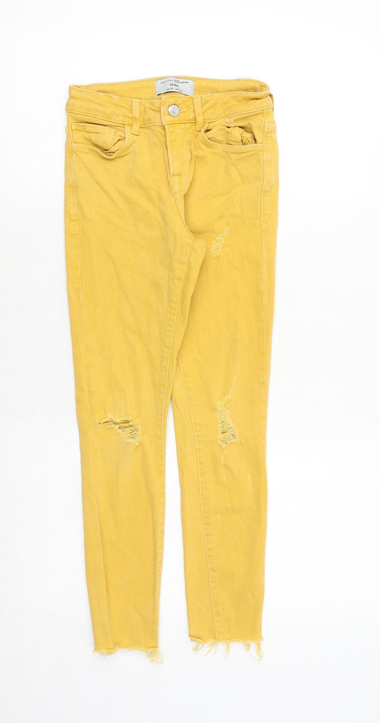 New Look Girls Yellow Cotton Skinny Jeans Size 10 Years Regular Zip - Distressed