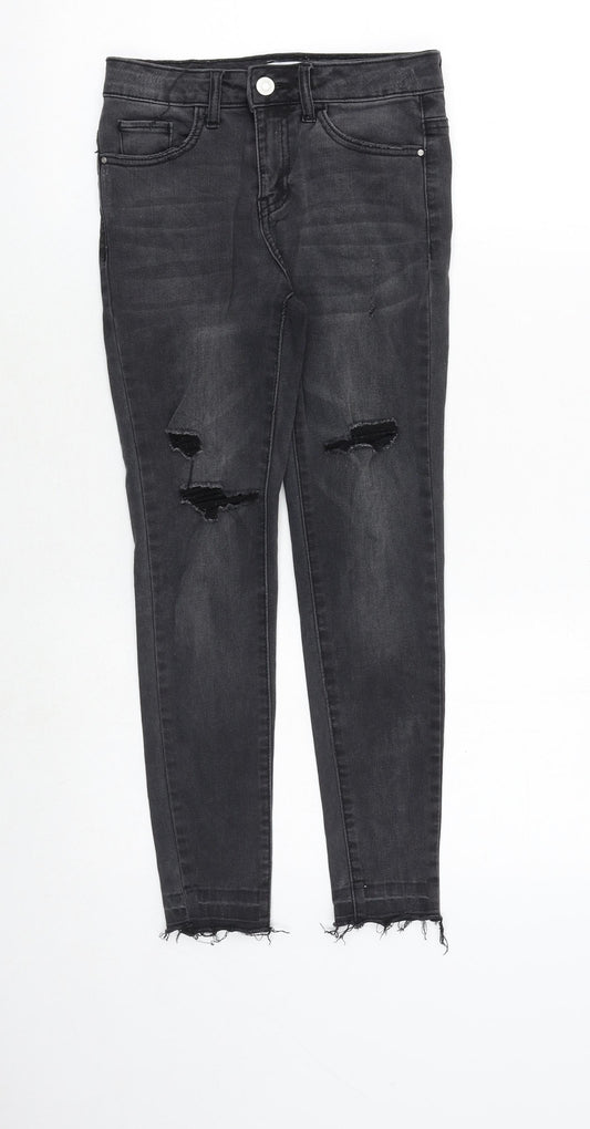 River Island Girls Grey Cotton Skinny Jeans Size 10 Years Regular Zip - Distressed