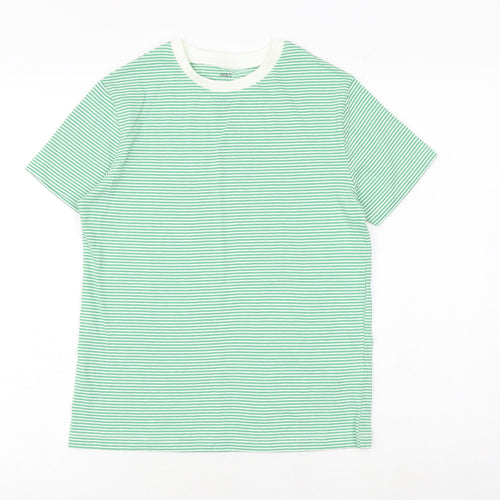 Marks and Spencer Boys Green Striped Cotton Basic T-Shirt Size 11-12 Years Round Neck Pullover