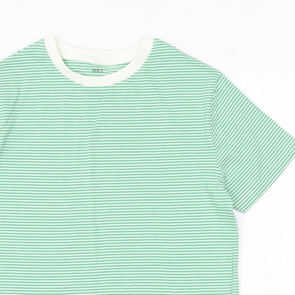 Marks and Spencer Boys Green Striped Cotton Basic T-Shirt Size 11-12 Years Round Neck Pullover