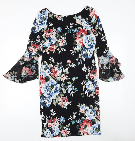 White House Black Market Womens Black Floral Polyester Sheath Size M Boat Neck Pullover - Flute Sleeve