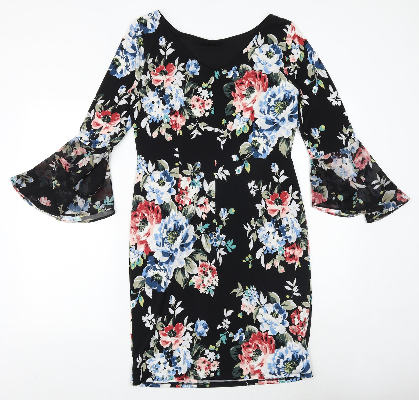 White House Black Market Womens Black Floral Polyester Sheath Size M Boat Neck Pullover - Flute Sleeve