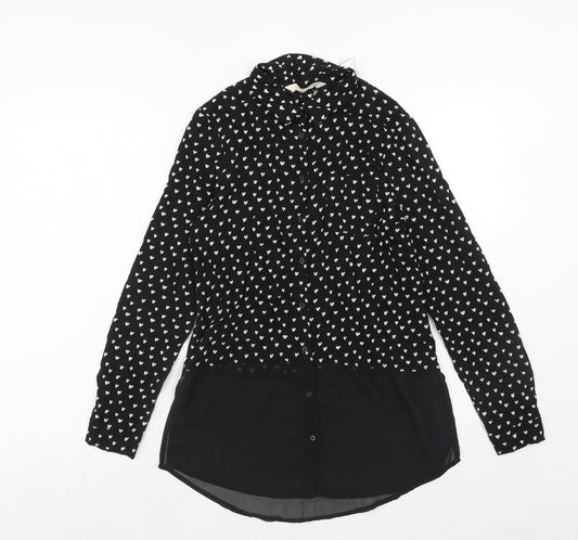H&M Girls Black Geometric Viscose Shirt Dress Size 13-14 Years Collared Button - Heart Print