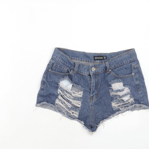 PRETTYLITTLETHING Womens Blue Cotton Hot Pants Shorts Size 10 Regular Zip - Distressed