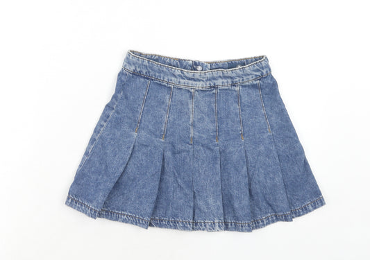 Marks and Spencer Girls Blue Cotton Pleated Skirt Size 8-9 Years Regular Zip