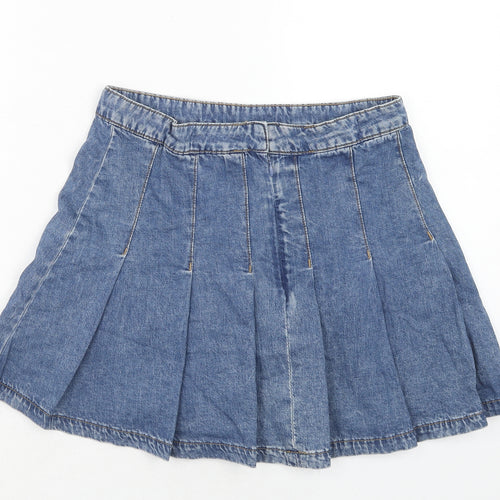 Marks and Spencer Girls Blue Cotton Pleated Skirt Size 12-13 Years Regular Zip