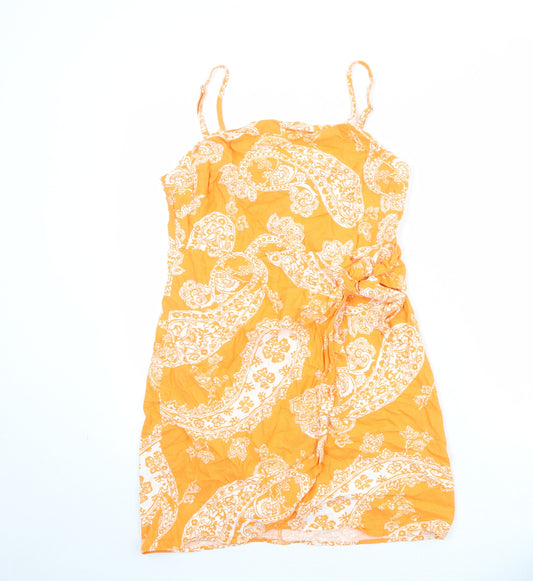 Only Womens Orange Paisley Linen Slip Dress Size M Square Neck Zip