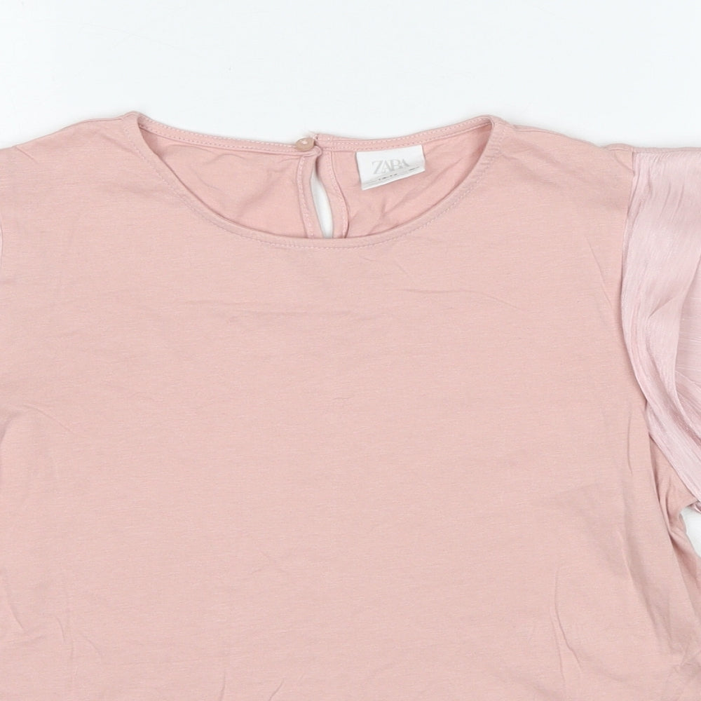 Zara Girls Pink Cotton Basic T-Shirt Size 13-14 Years Round Neck Button