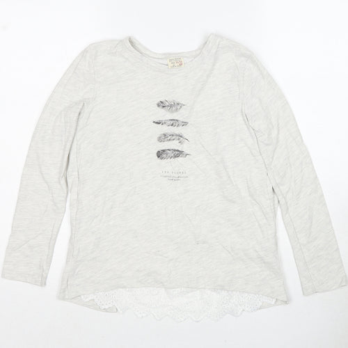 Zara Girls Grey Cotton Basic T-Shirt Size 11-12 Years Round Neck Pullover - Feather