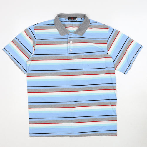 Fight The Wolf Mens Blue Striped Cotton Polo Size L Collared Pullover