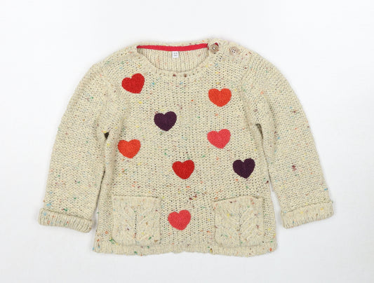 Marks and Spencer Girls Beige Round Neck Acrylic Pullover Jumper Size 3-4 Years Pullover - Heart
