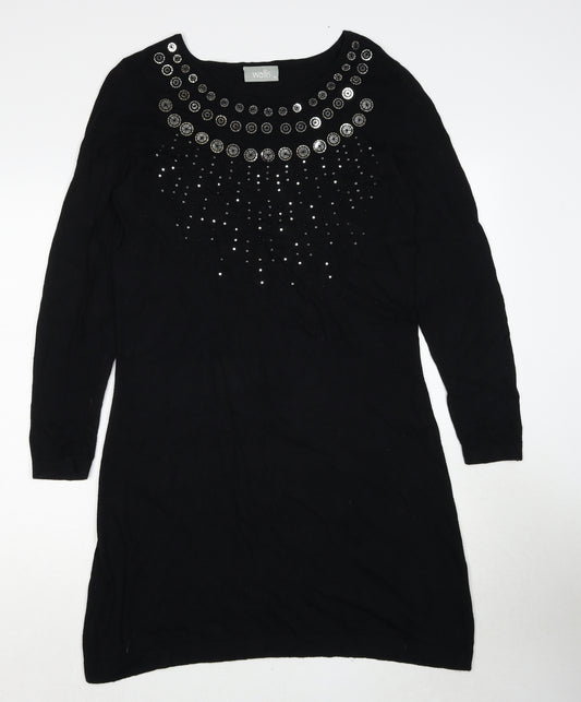 Wallis Womens Black Viscose Jumper Dress Size M Boat Neck Pullover - Embellished