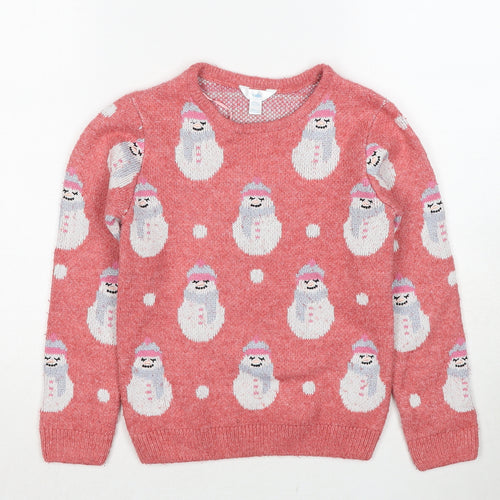 M&Co Girls Pink Round Neck Geometric Cotton Pullover Jumper Size 8-9 Years Pullover - Snowman Christmas