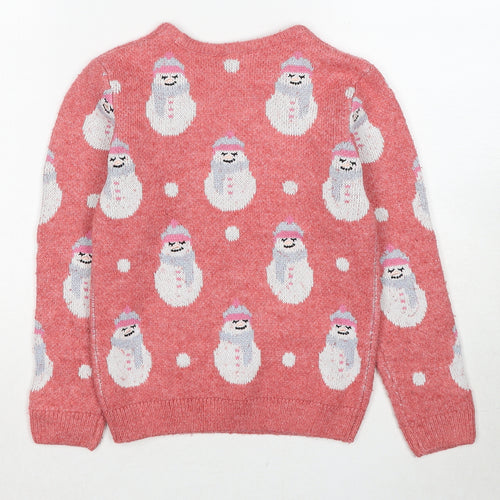 M&Co Girls Pink Round Neck Geometric Cotton Pullover Jumper Size 8-9 Years Pullover - Snowman Christmas