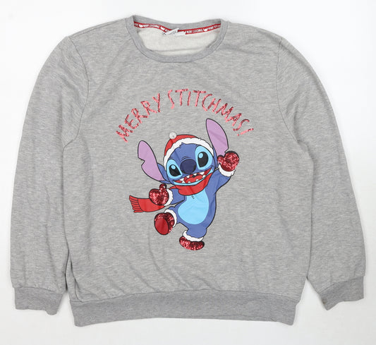 Disney Womens Grey Cotton Pullover Sweatshirt Size 14 Pullover - Merry Christmas Stich Size 14-16