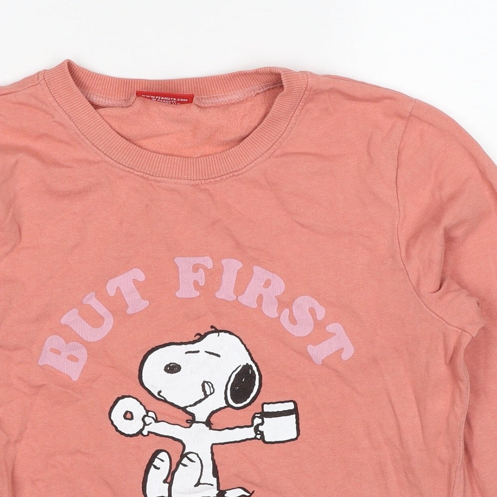 Peanuts Womens Pink Cotton Pullover Sweatshirt Size 10 Pullover - Snoopy But First Coffee
