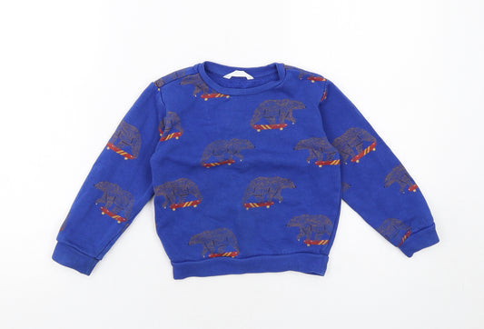 Marks and Spencer Boys Blue Geometric Cotton Pullover Sweatshirt Size 3-4 Years Pullover - Bear on a Skateboard