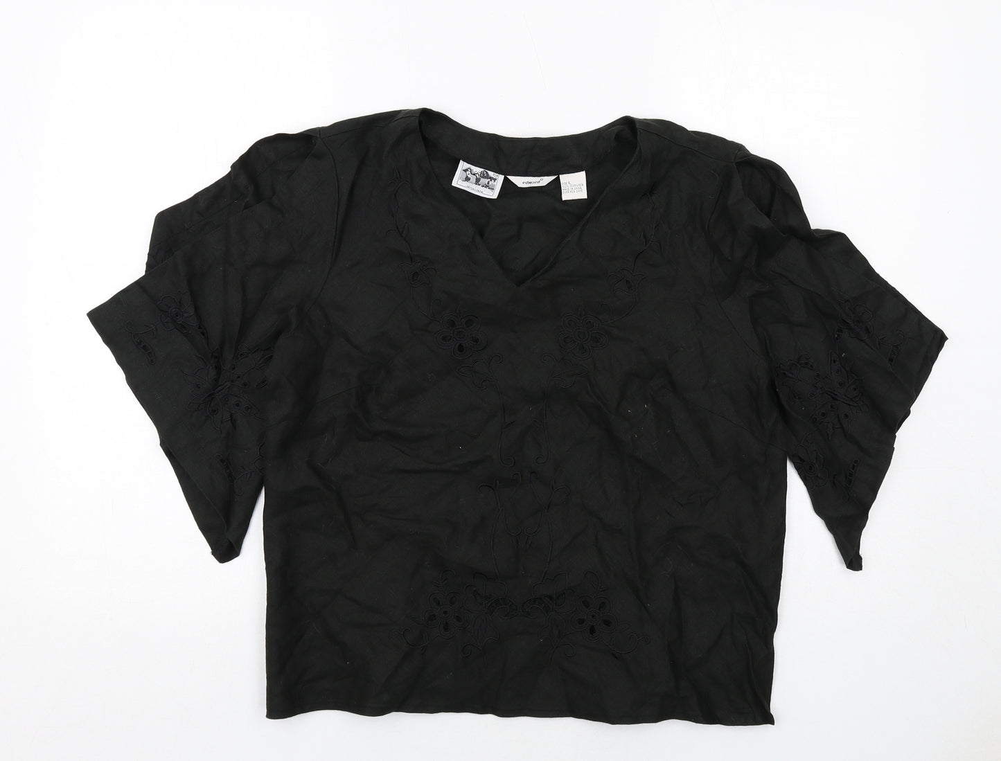 Edward Womens Black Floral Linen Basic T-Shirt Size L V-Neck