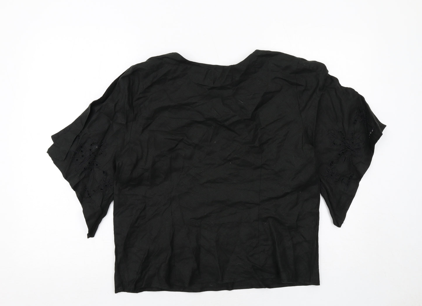 Edward Womens Black Floral Linen Basic T-Shirt Size L V-Neck