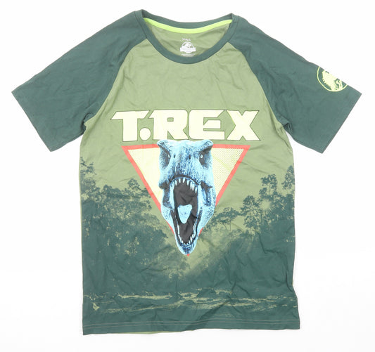 Marks and Spencer Boys Green Cotton Basic T-Shirt Size 12-13 Years Round Neck Pullover - T-Rex