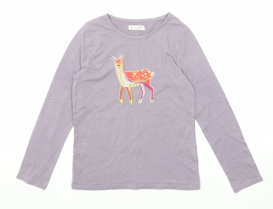 Mini Boden Girls Purple Cotton Basic T-Shirt Size 9-10 Years Round Neck Pullover - Deer