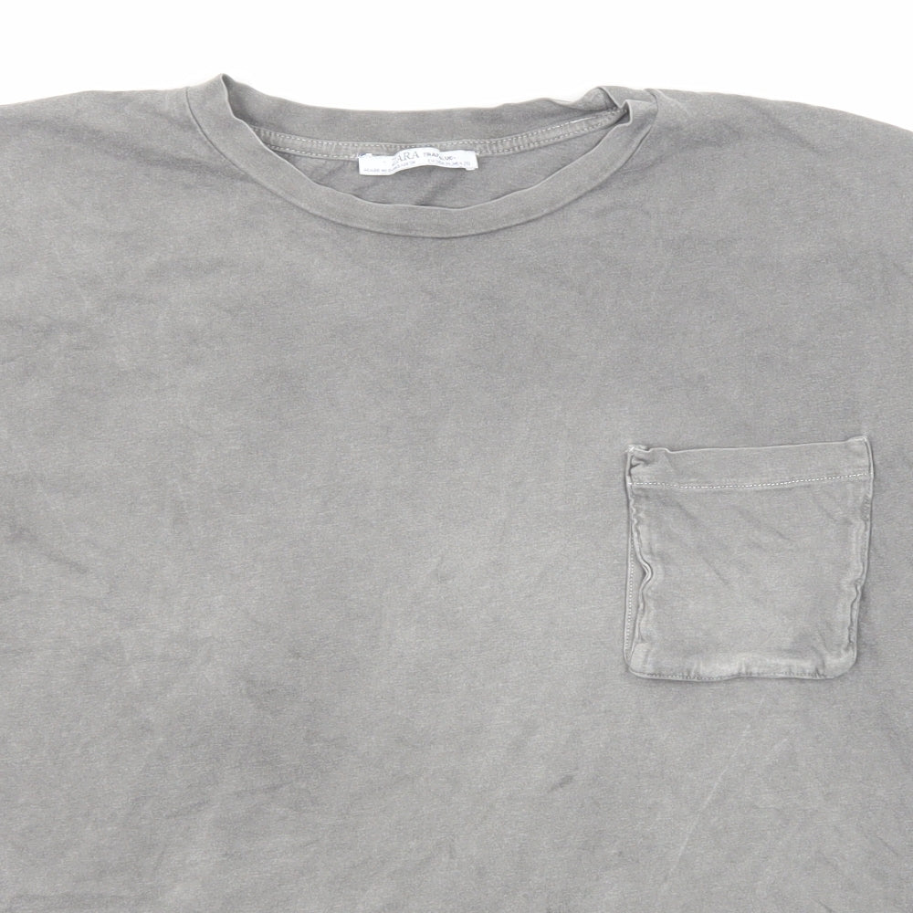Zara Mens Grey Cotton T-Shirt Size M Round Neck