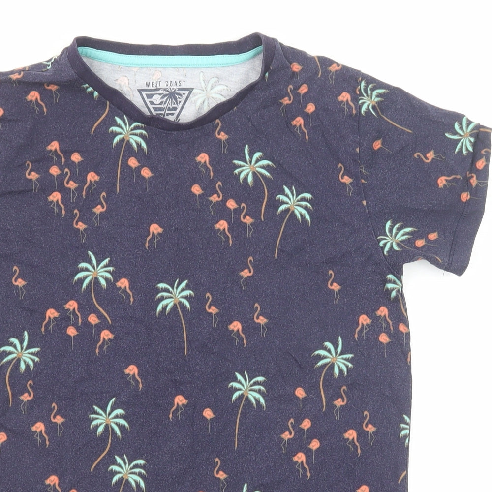 West Coast Boys Blue Geometric Cotton Basic T-Shirt Size 13 Years Round Neck Pullover - Palm Tree