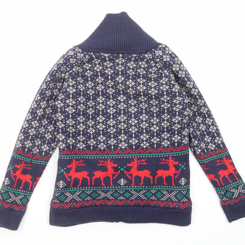 Marks and Spencer Boys Blue High Neck Fair Isle Cotton Cardigan Jumper Size 7-8 Years Button - Reindeer Christmas