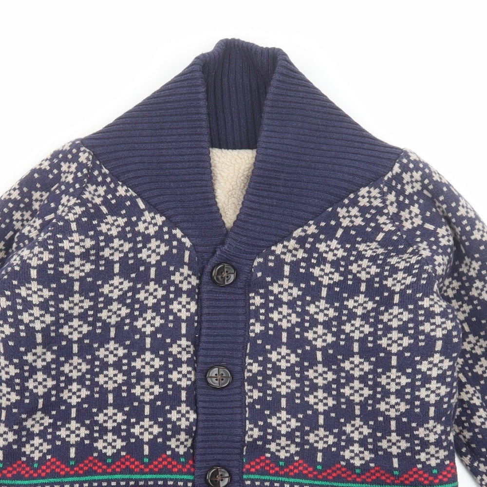 Marks and Spencer Boys Blue High Neck Fair Isle Cotton Cardigan Jumper Size 7-8 Years Button - Reindeer Christmas