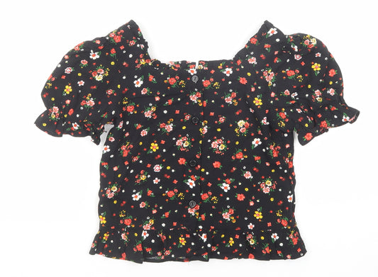 Blue Zoo Girls Black Floral Viscose Basic T-Shirt Size 9 Years Round Neck Button