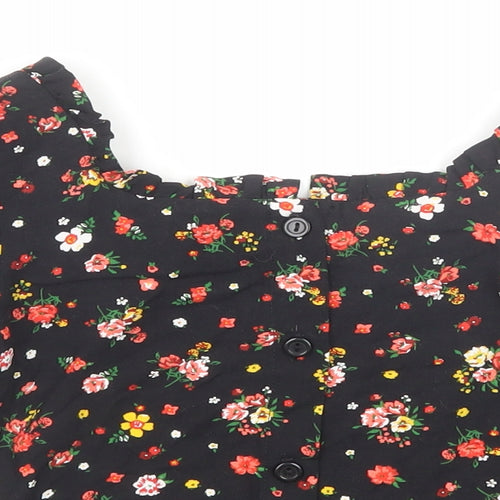 Blue Zoo Girls Black Floral Viscose Basic T-Shirt Size 9 Years Round Neck Button