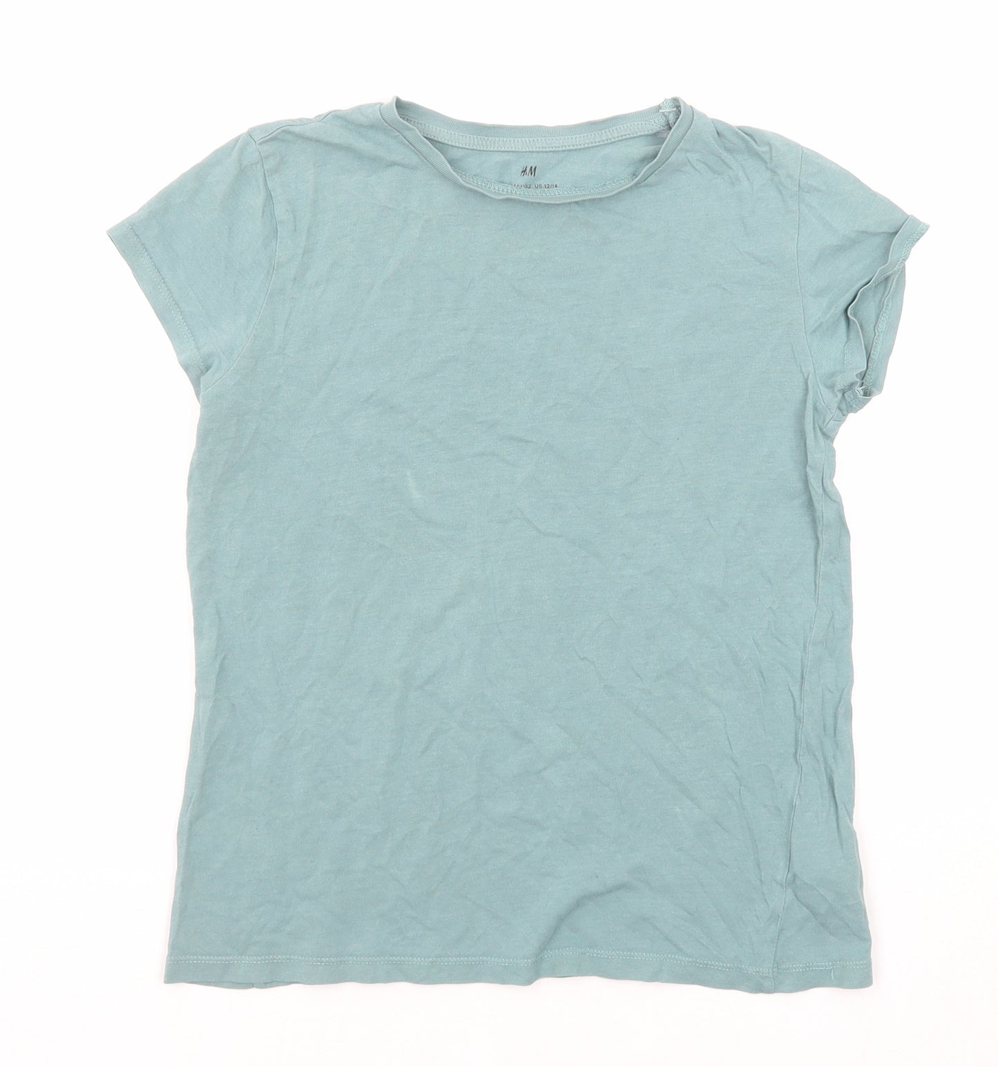 H&M Girls Green Cotton Basic T-Shirt Size 10-11 Years Round Neck Pullover