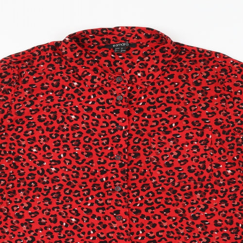 ESMARA Womens Red Animal Print Viscose Basic Button-Up Size 14 Collared - Leopard Print