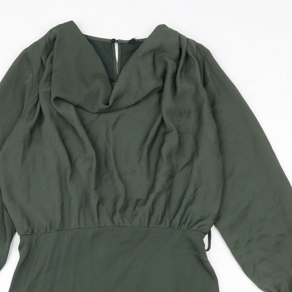 Zara Womens Green Polyester A-Line Size M Cowl Neck Button