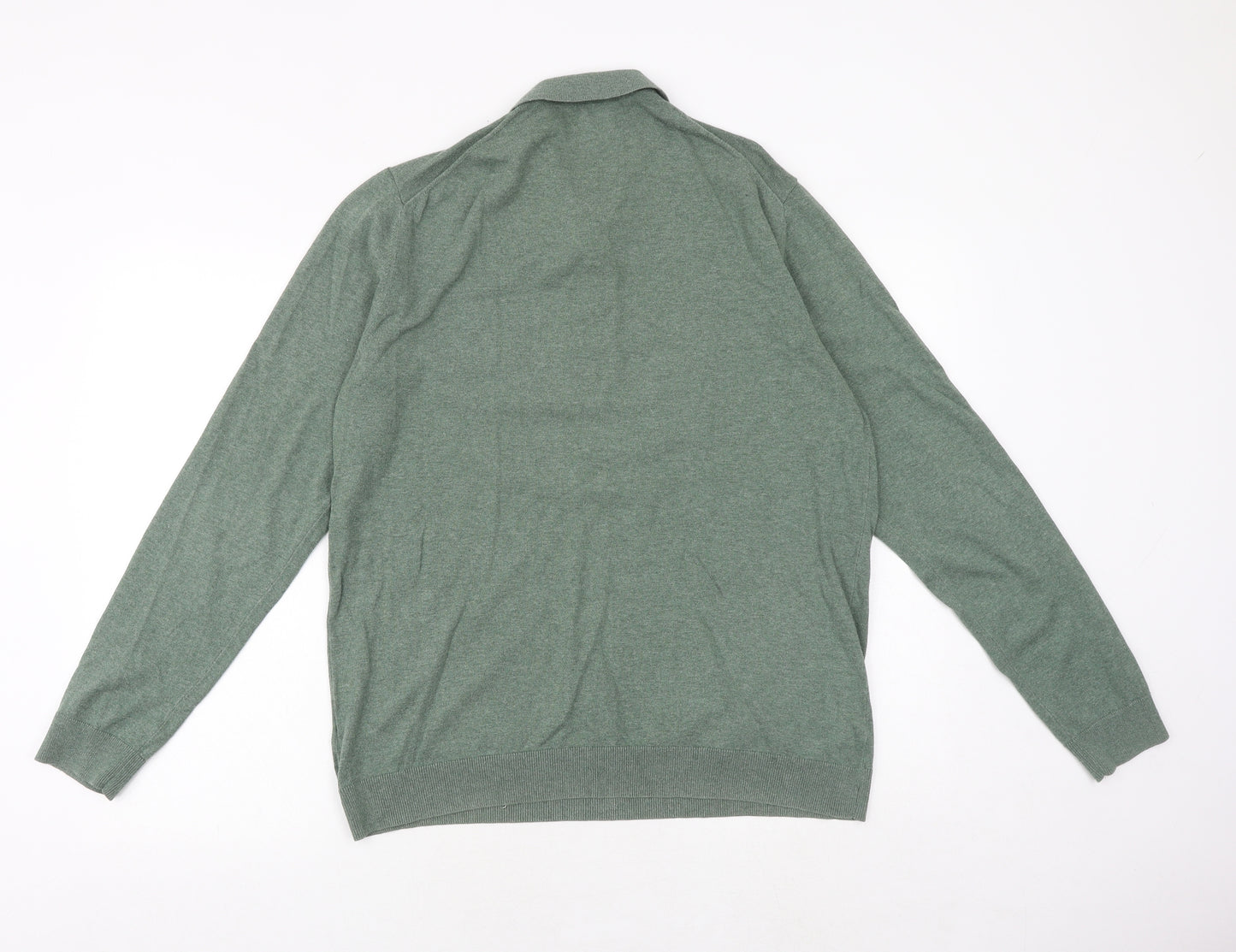 Marks and Spencer Mens Green Collared Cotton Pullover Jumper Size L Long Sleeve