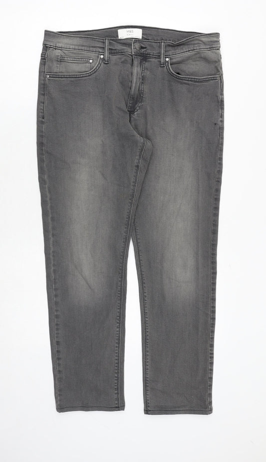Marks and Spencer Mens Grey Cotton Straight Jeans Size 34 in Slim Zip