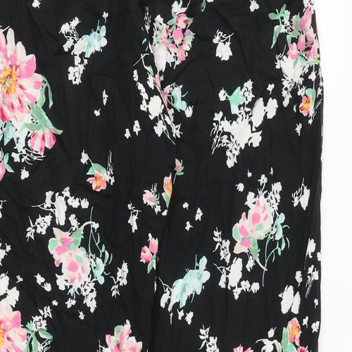 Marks and Spencer Womens Black Floral Viscose Cropped Trousers Size 12 Regular Tie