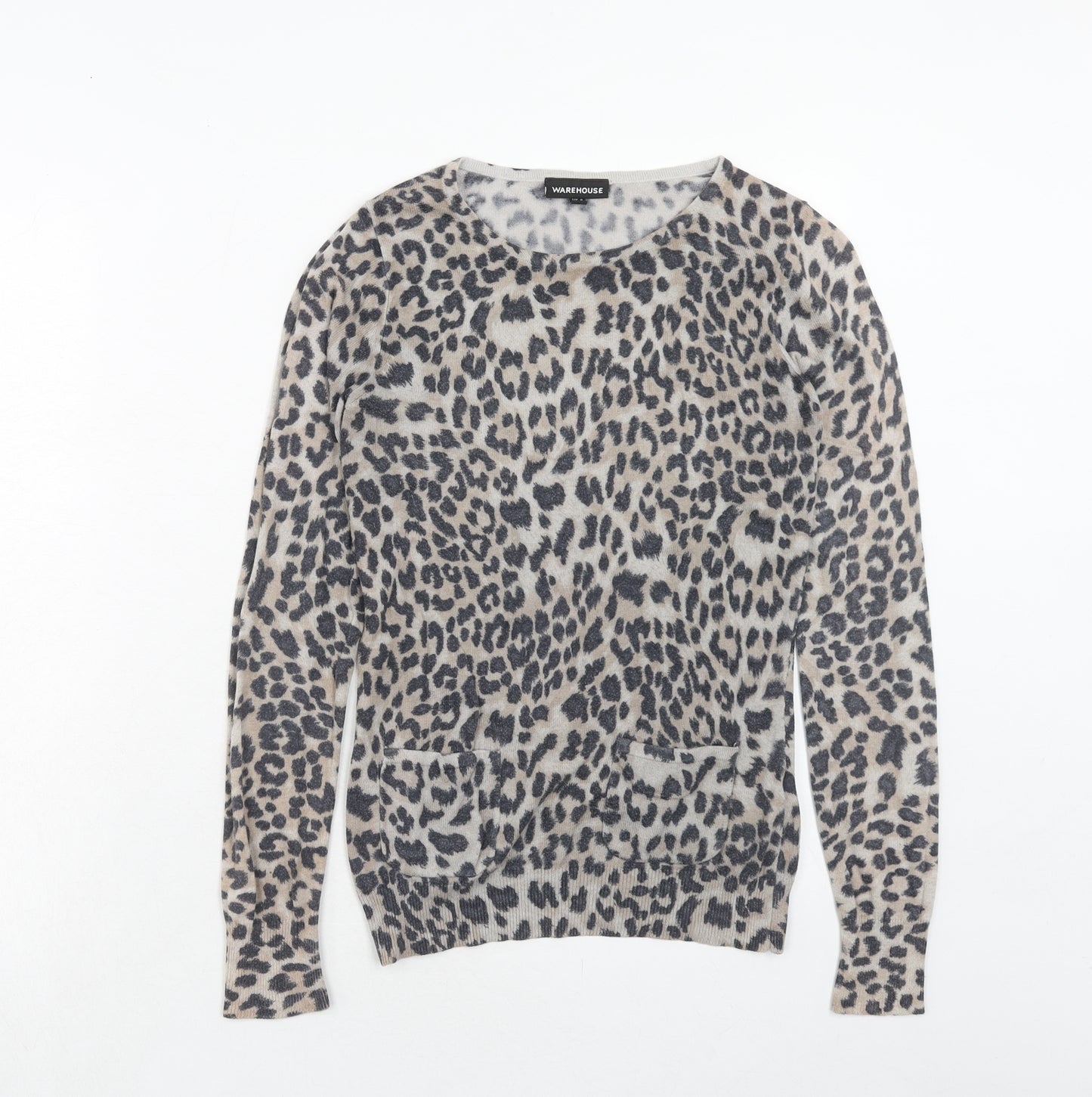 Warehouse Womens Brown Round Neck Animal Print Cotton Pullover Jumper Size 8 - Leopard Pattern