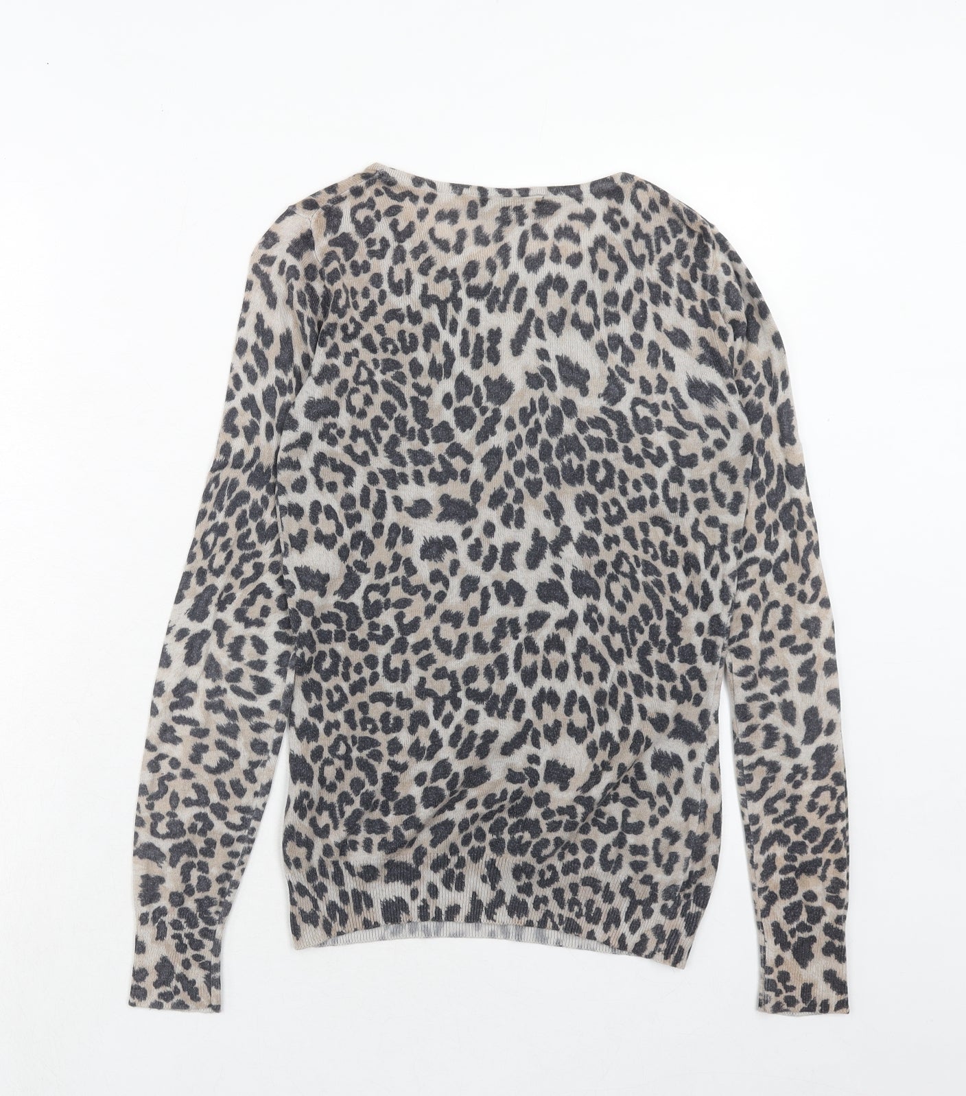 Warehouse Womens Brown Round Neck Animal Print Cotton Pullover Jumper Size 8 - Leopard Pattern
