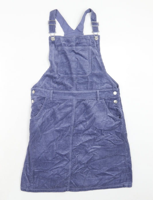 Marks and Spencer Girls Purple Cotton Pinafore/Dungaree Dress Size 13-14 Years Square Neck Button