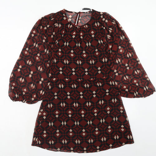 Zara Womens Brown Geometric Polyester A-Line Size M Round Neck Button