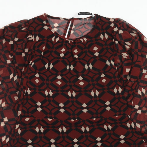 Zara Womens Brown Geometric Polyester A-Line Size M Round Neck Button